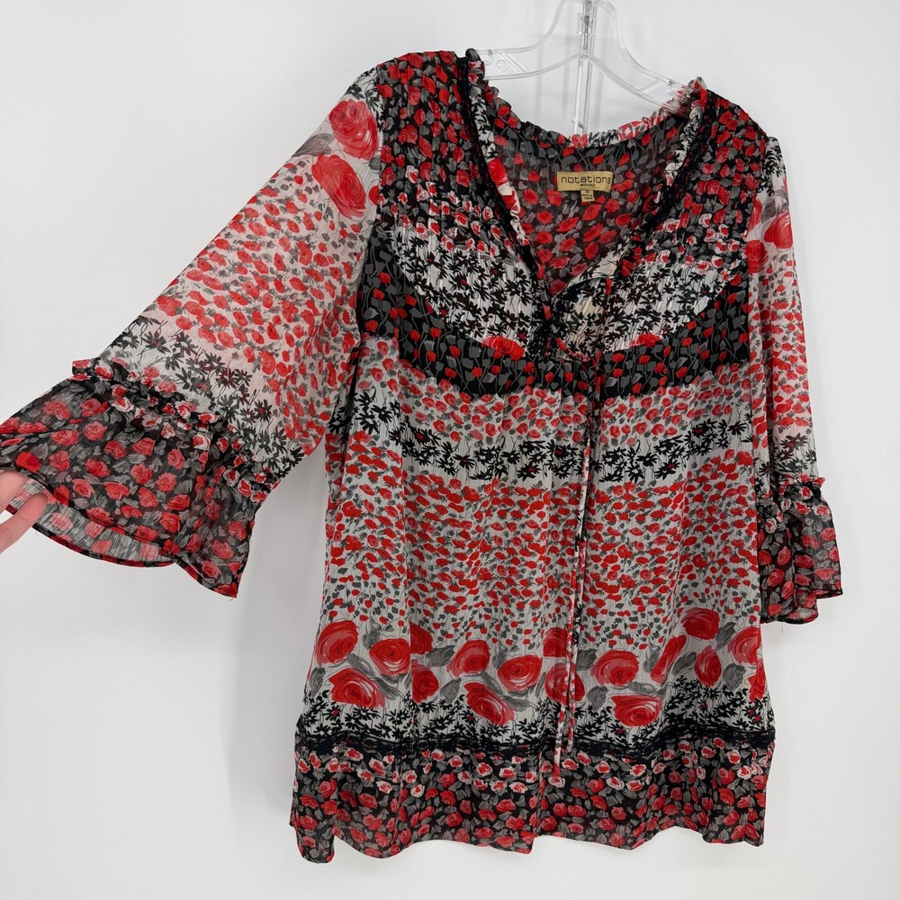 Notations Woman Blouse Womens 1X Red Floral Rose Boho Peasant Cottage Patchwork